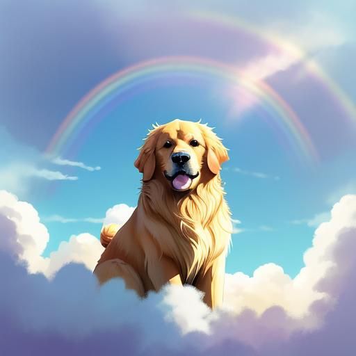 Anime Golden Retriever on Cloud with Rainbow