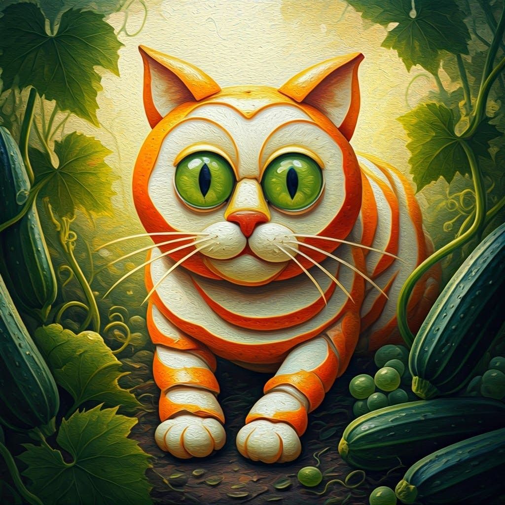 Whimsical Fruit Cat in Expressive Neo-Impressionist Style