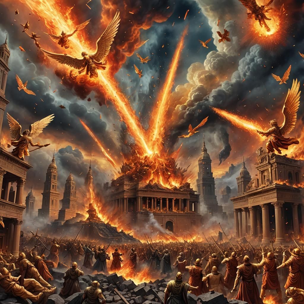 Apocalyptic Angels Sounding Trumpets in Fiery Babylon