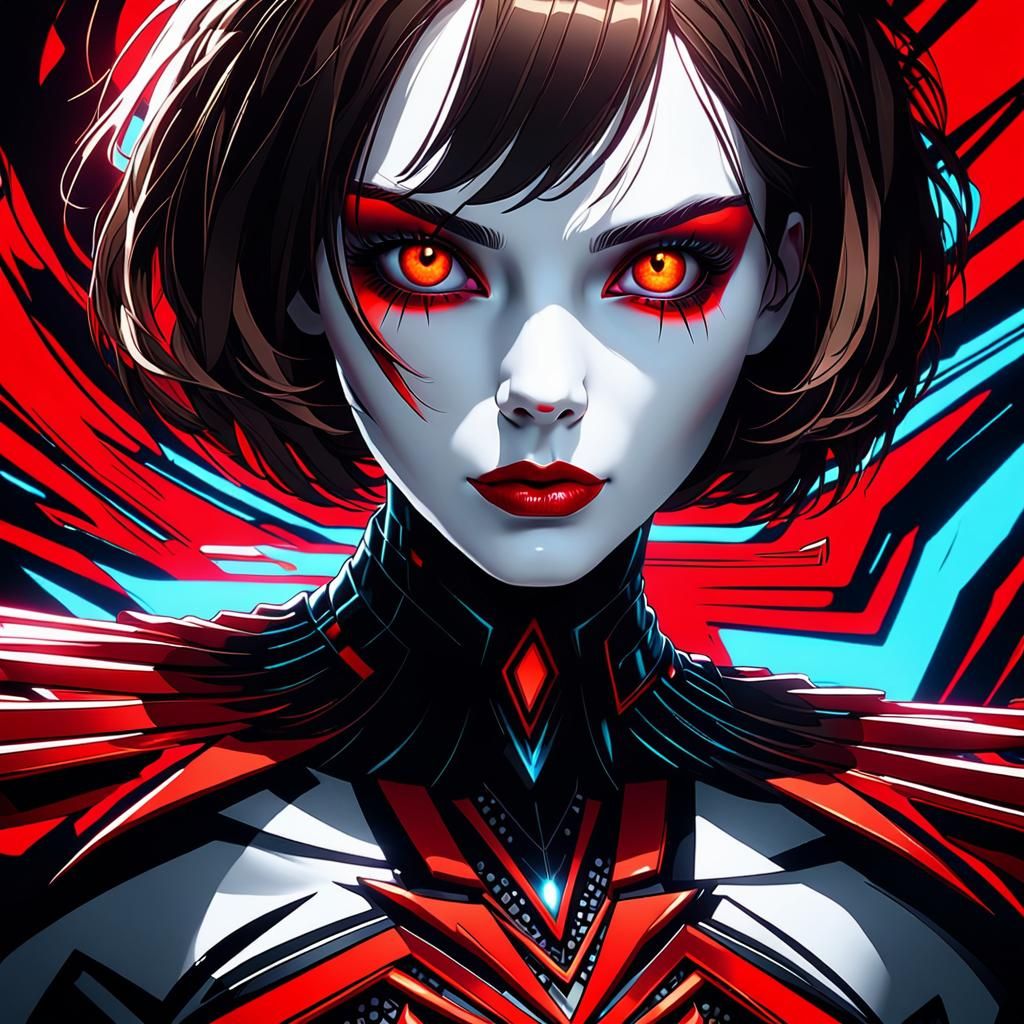 Glamorous Brunette Portrait with Red Eyes in Digital Art