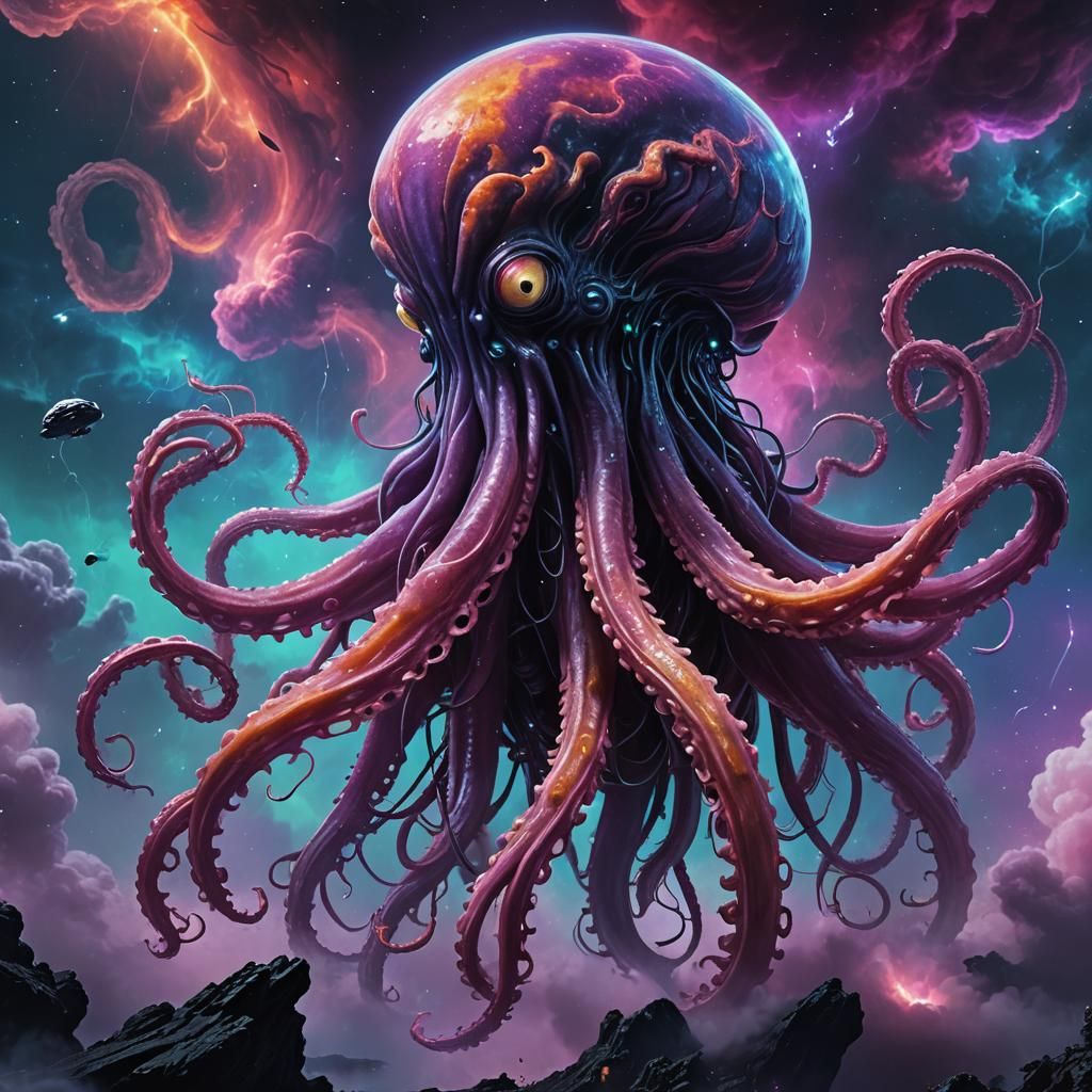 Epic Space Kraken in Bioluminescent Nebula