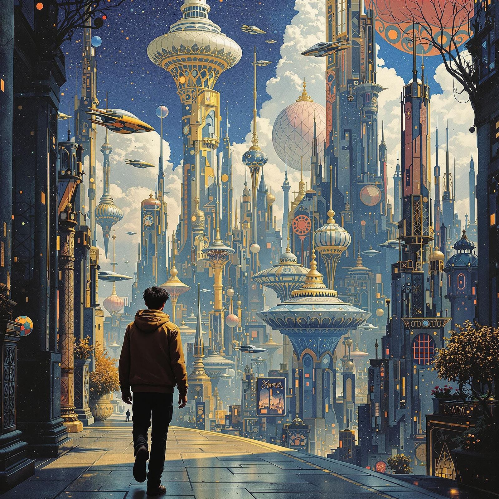 Futuristic Cityscape in Gustav Klimt Art Nouveau Style