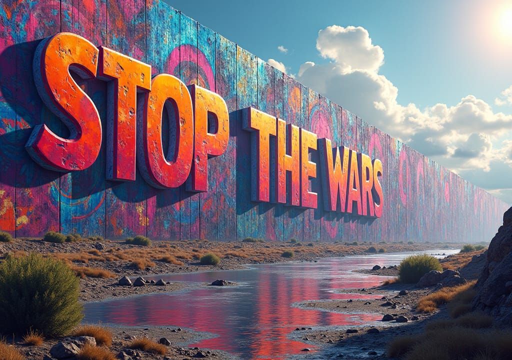 Graffiti Wall: Stop the Wars in Dystopian Landscape