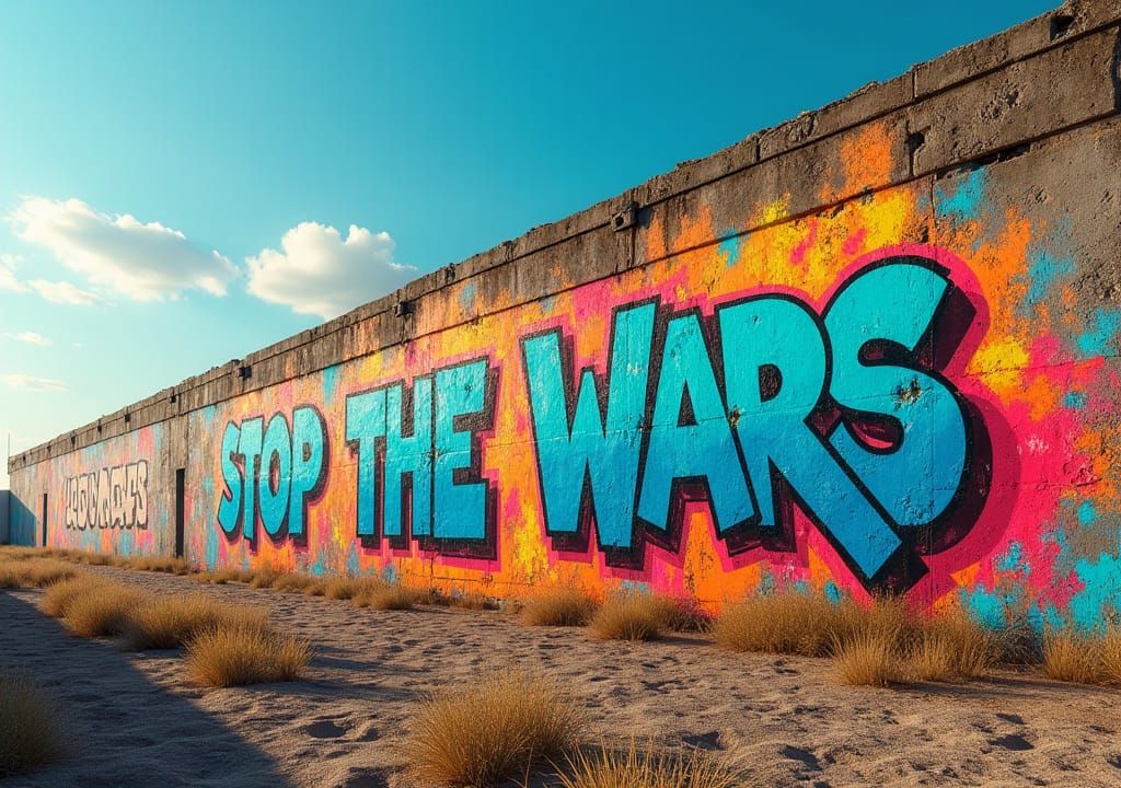 Graffiti-Covered Wall Urging Peace in Digital Art Style