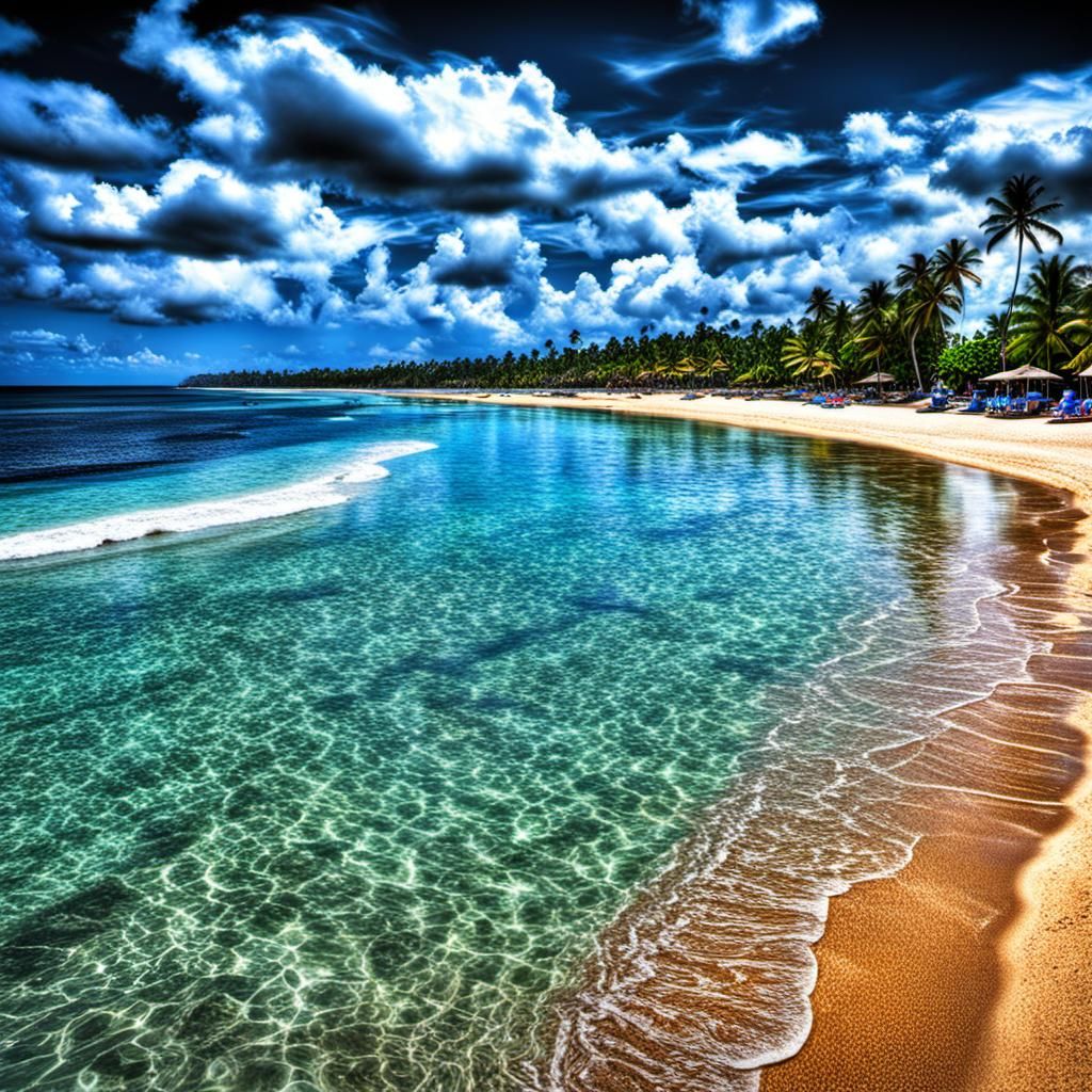 Hyperrealistic Tropical Beach Scene with Sunbathers