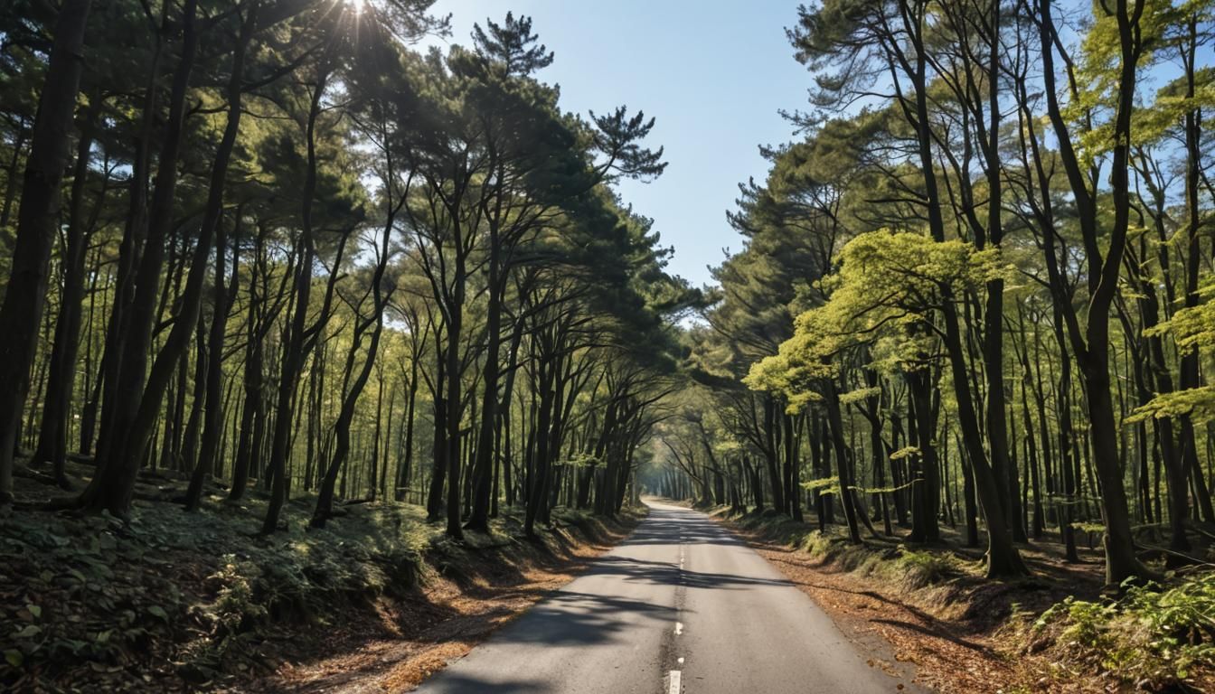 Cobblestone Road Through Sunlit Forest