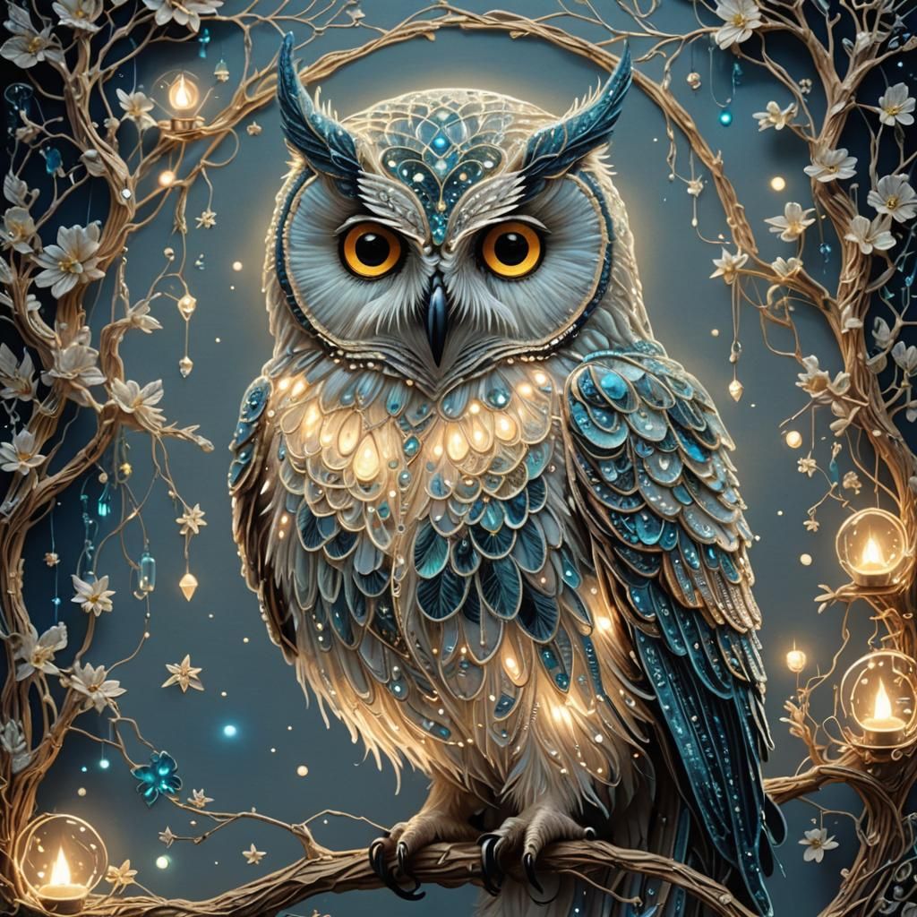 Glowing Ghost Owl Embroidered in Magical Fantasy Beads