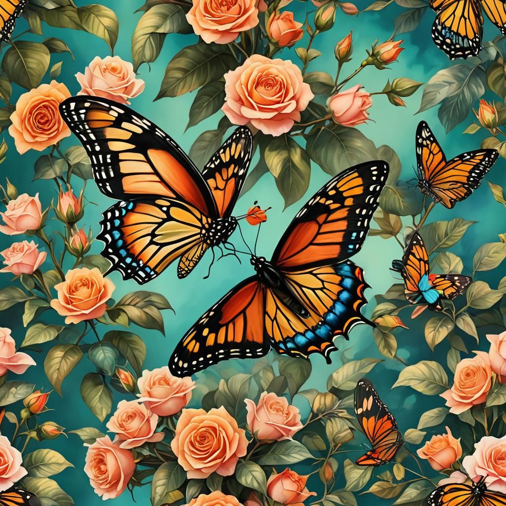 Monarch and Birdwing Butterflies on Rose Bush