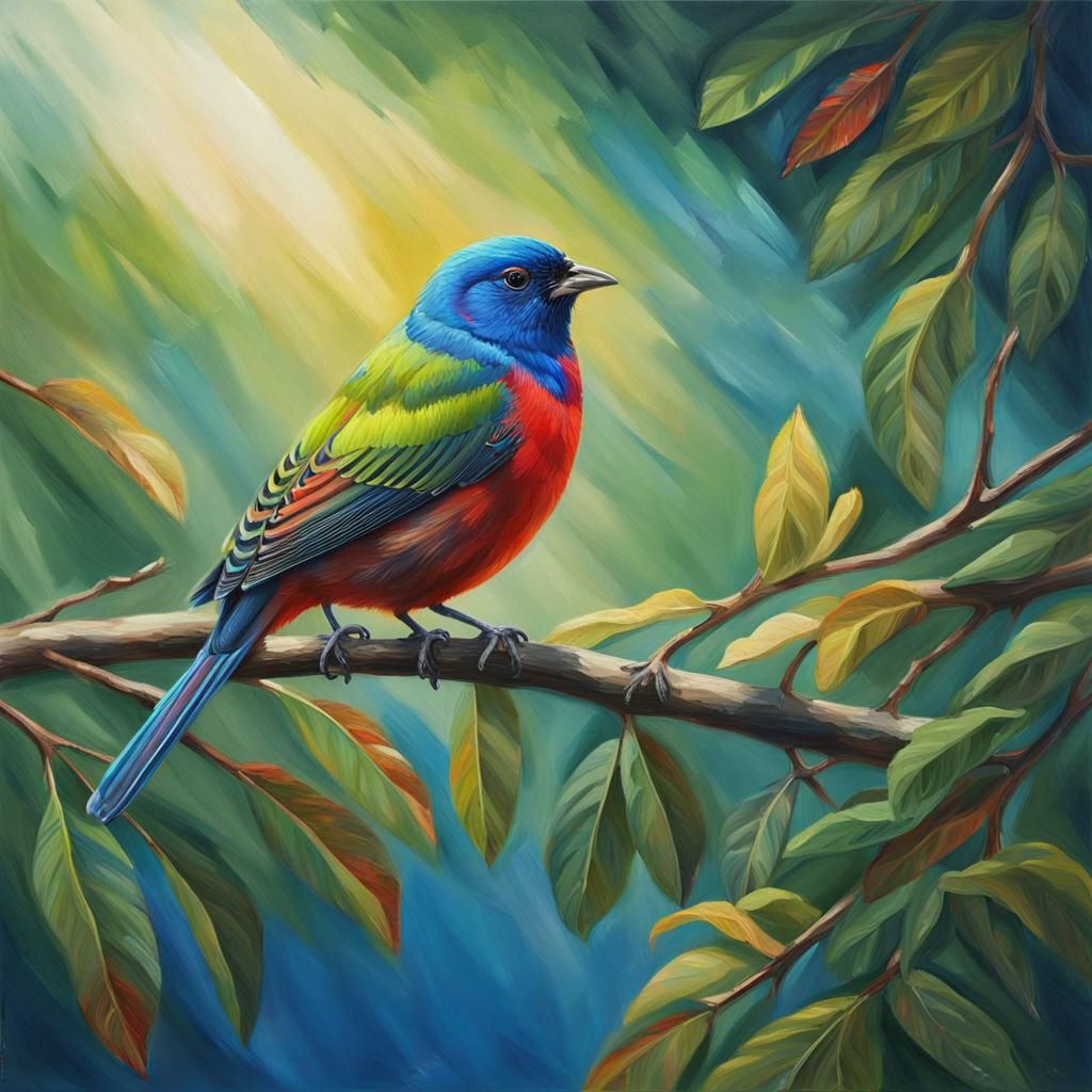 Vibrant Oil Painting of Painted Bunting Bird