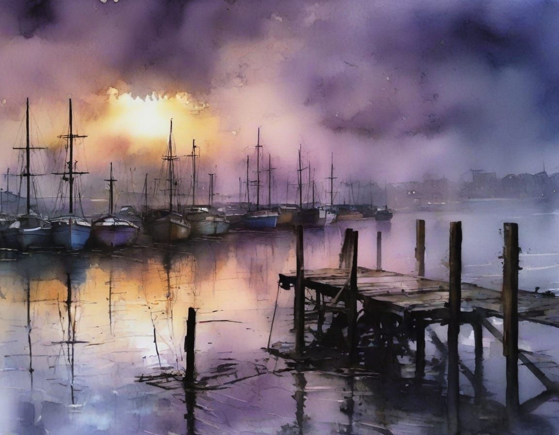 Autumn Moonlight on Derelict Docks: Ink Splash Watercolour