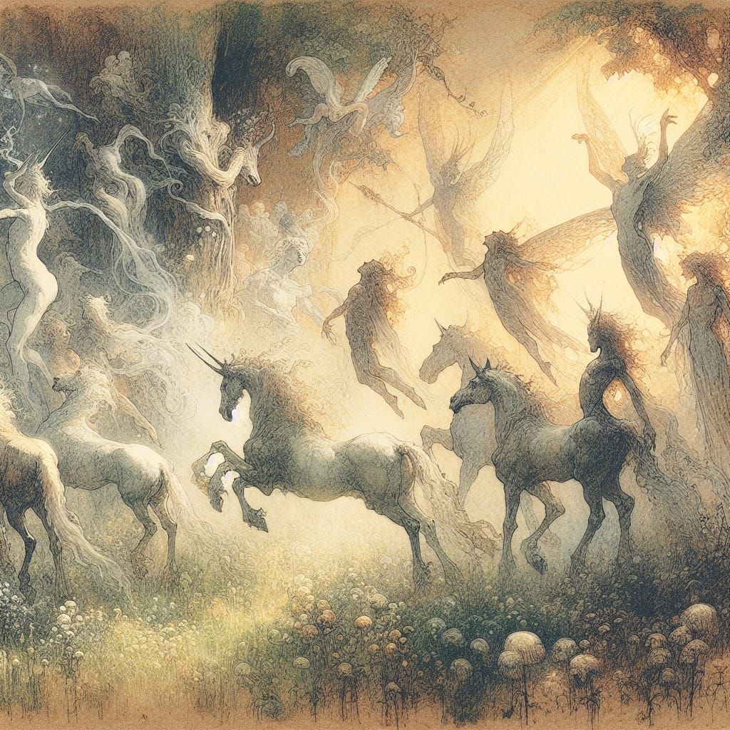 Mystical Creatures Reveling in Sunlit Meadow