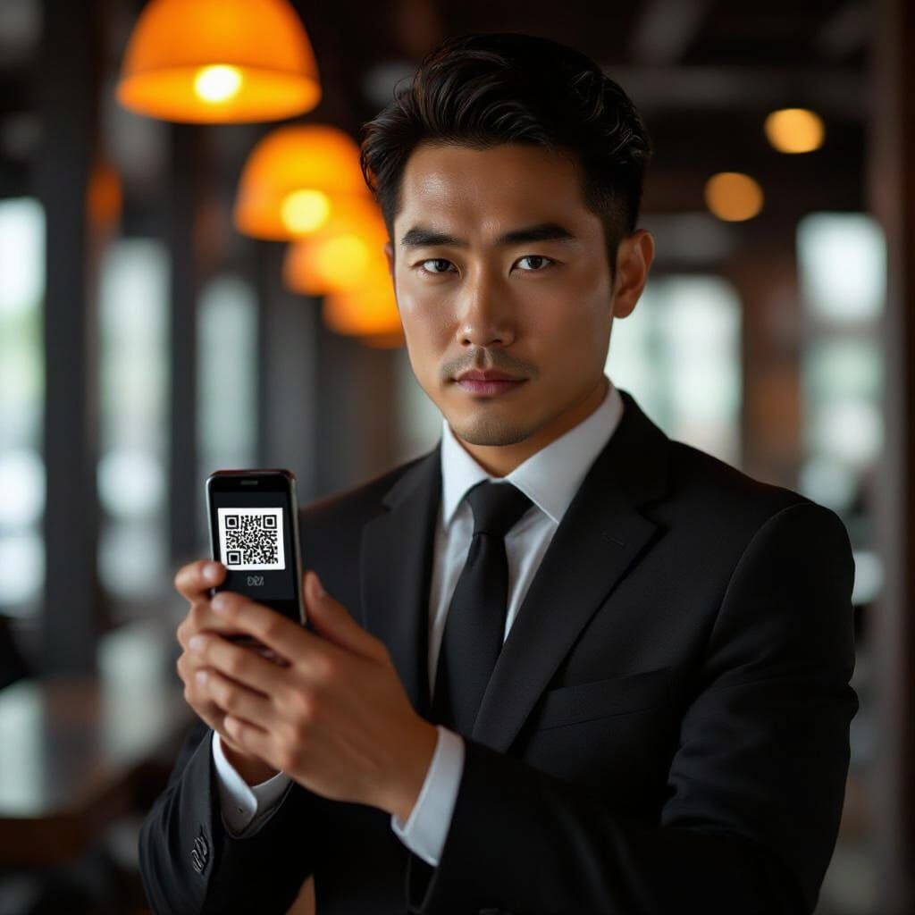 Hyperrealistic Portrait of Employee with QR Code in Cinemati...