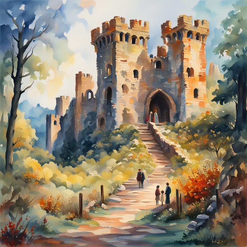 Secret Lovers at Castle Ruins in Gouache Style