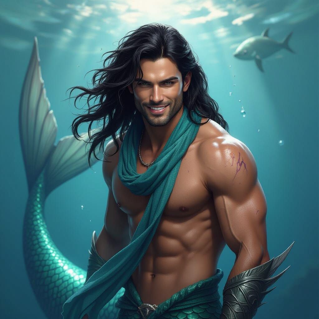 Fearsome Merman with Shimmering Tail and Confident Smile