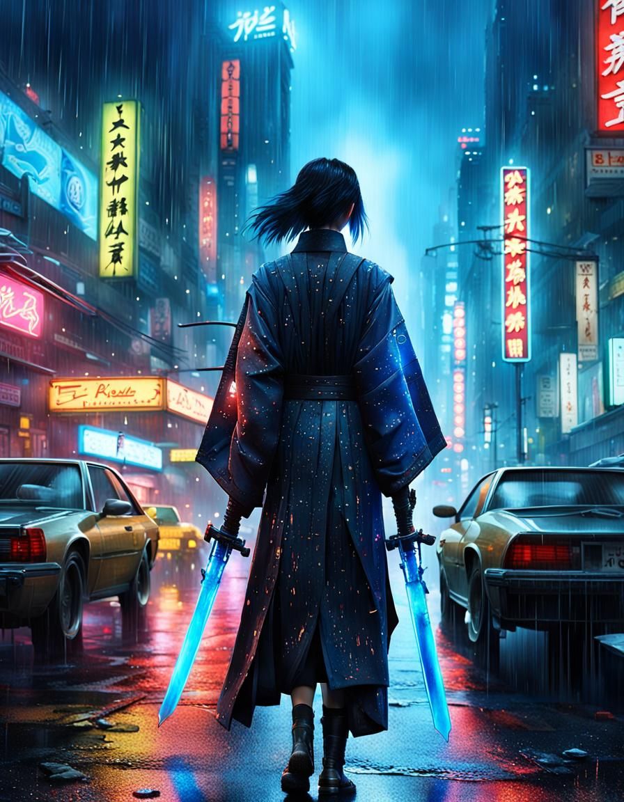 Cyberpunk Asian Bounty Hunter in Rainy Neon City