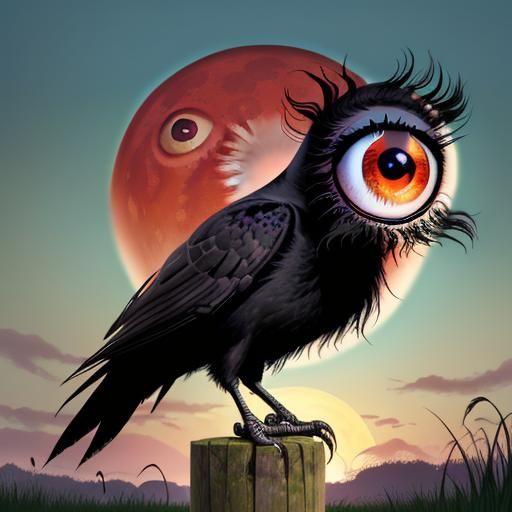 Crow with Exaggerated Eye in Swampy River Scene