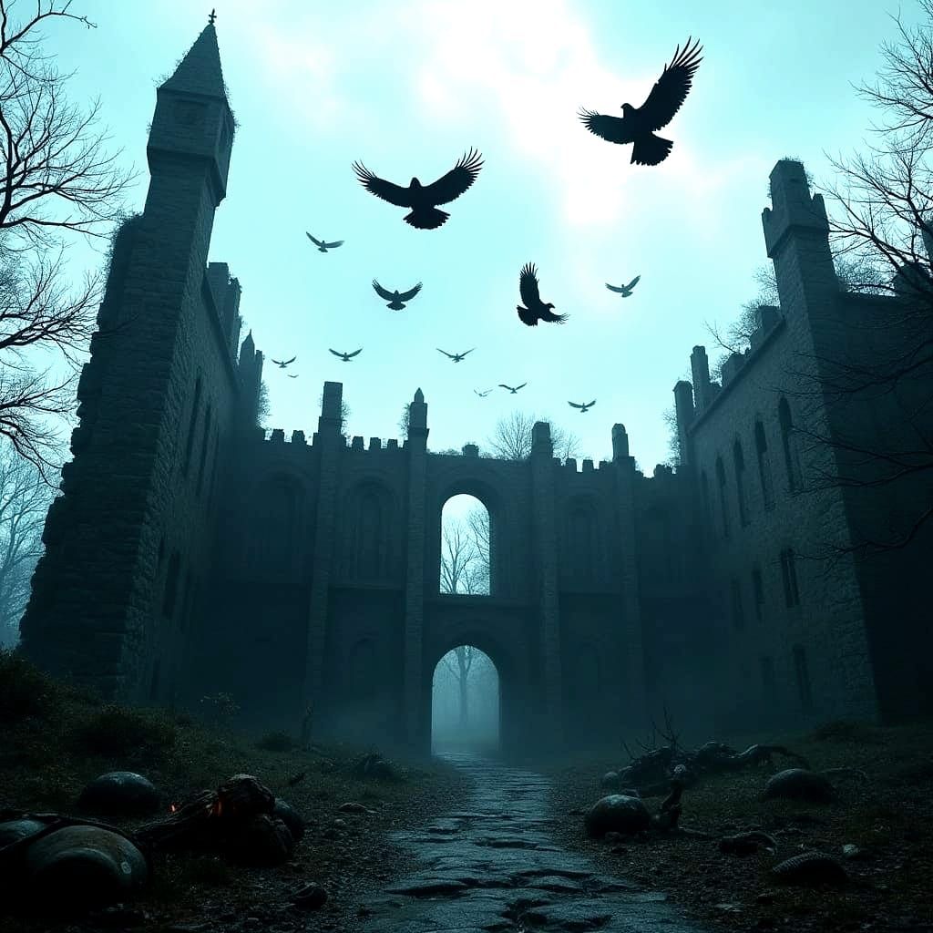 Ravens Over Gloomy Castle: Photorealistic 8K