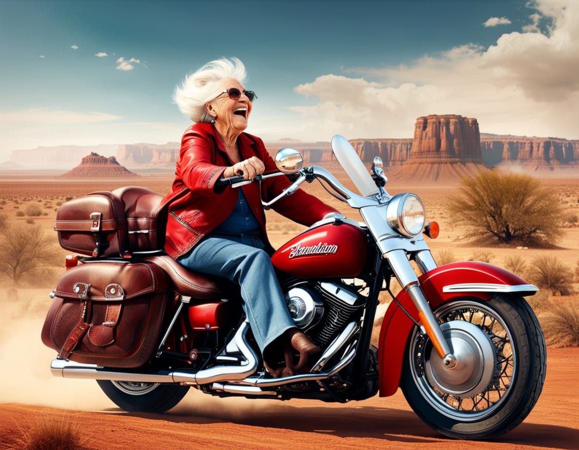 Wrinkled Woman's Joyride on Harley-Davidson