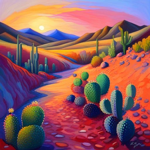 Desert Sunrise in Neo-Impressionist Style