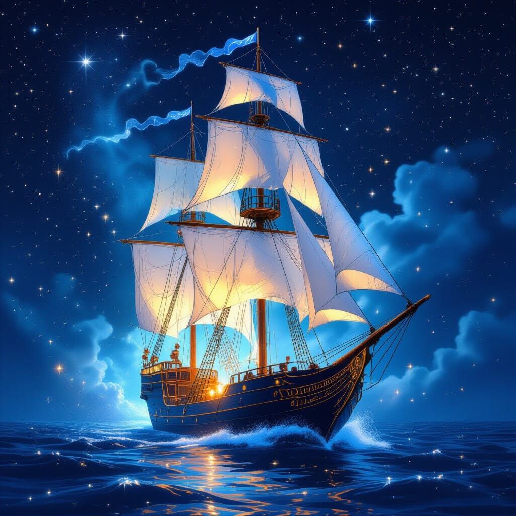 Stardust Ship Soaring Through Starry Night Sky