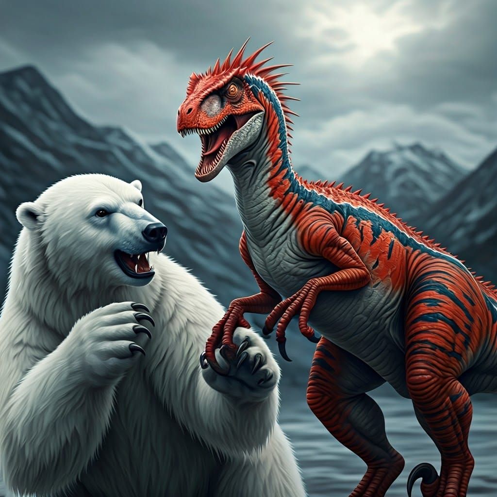Red Utahraptor Battles Fierce Polar Bear