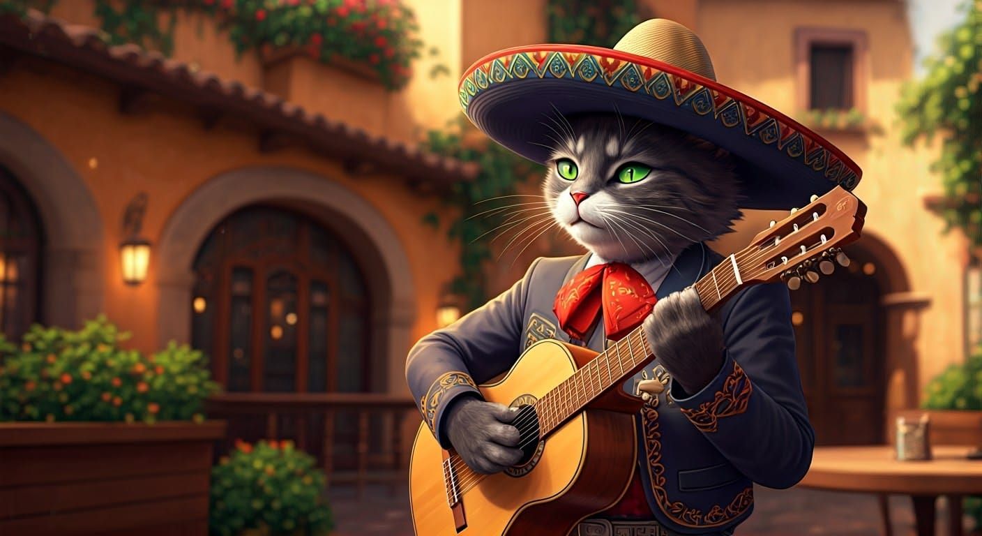 Anime Cat Mariachi Serenades Girl in Mexican Cafe