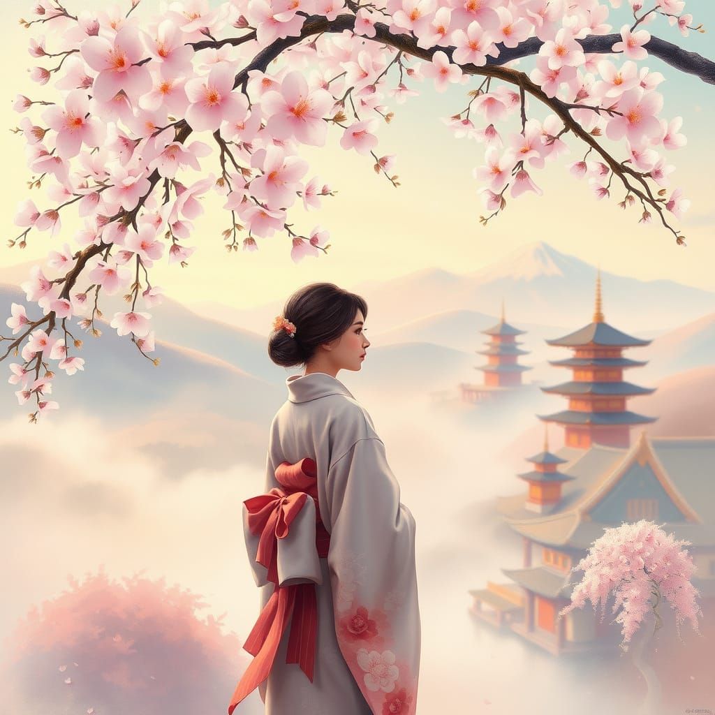 Girl in Kimono Under Blossoming Tree in Soft Pastel Hues