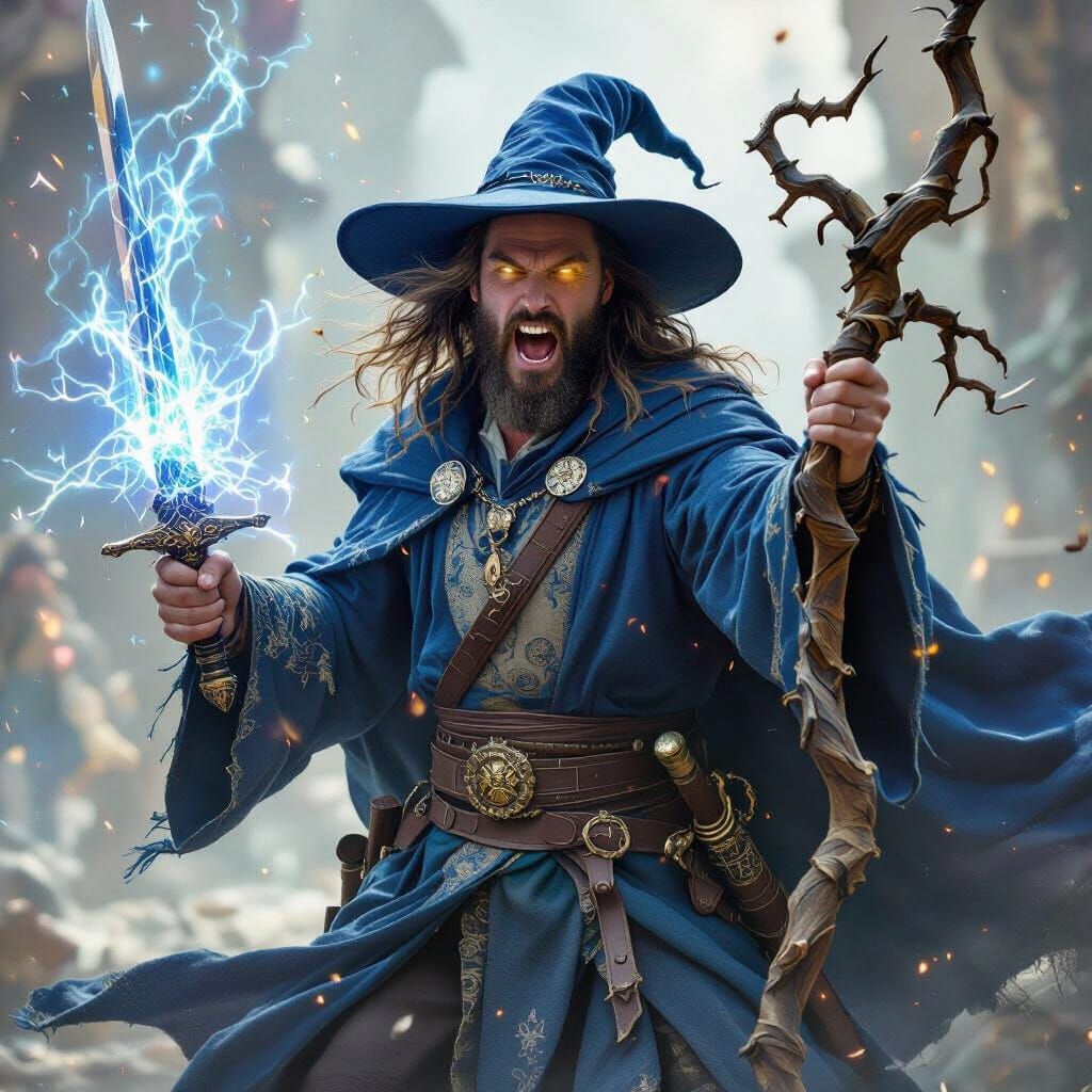 Wizard in Blue Robe with Glowing Eyes and Sword