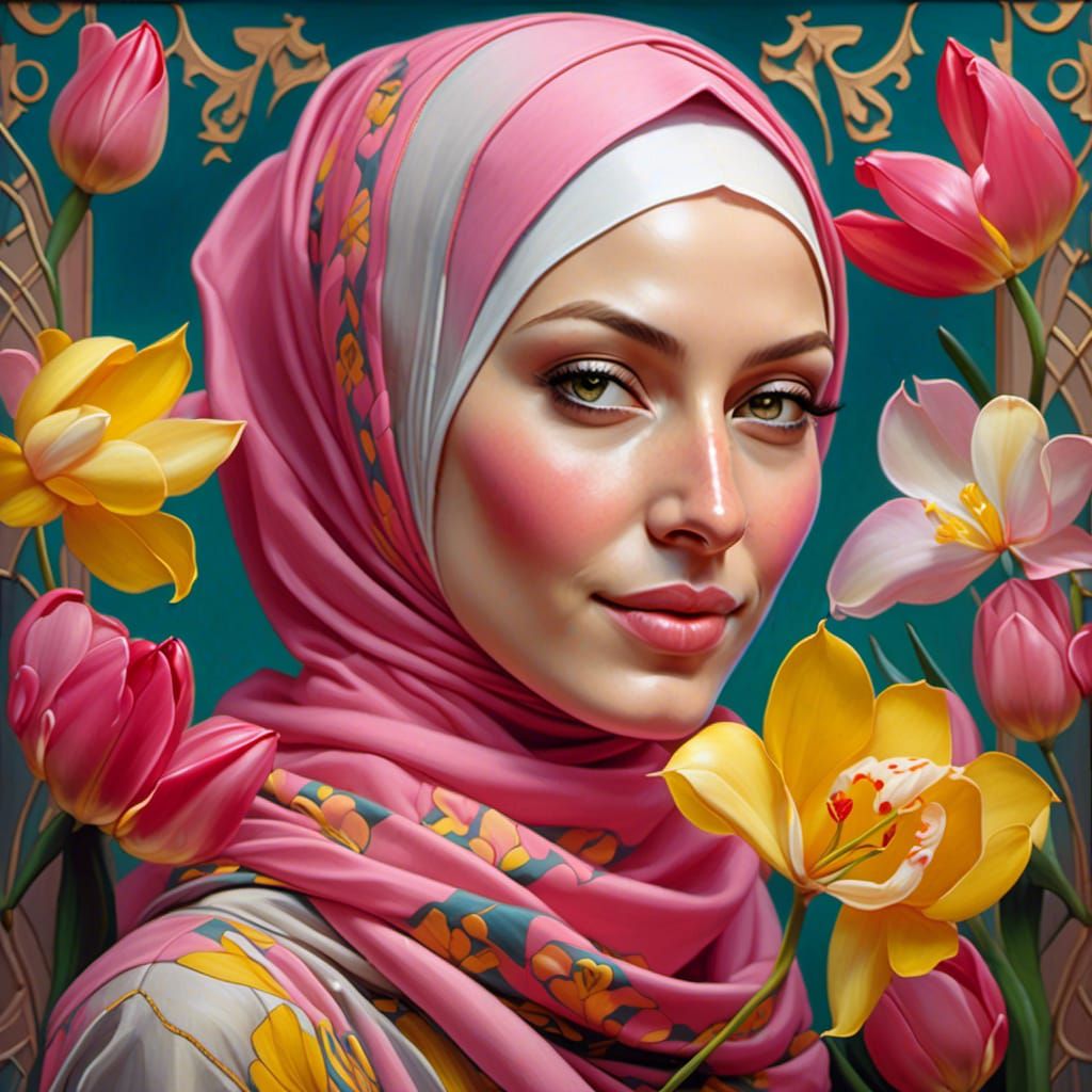 Beautiful Woman in Hijab Portrait in Art Nouveau Style