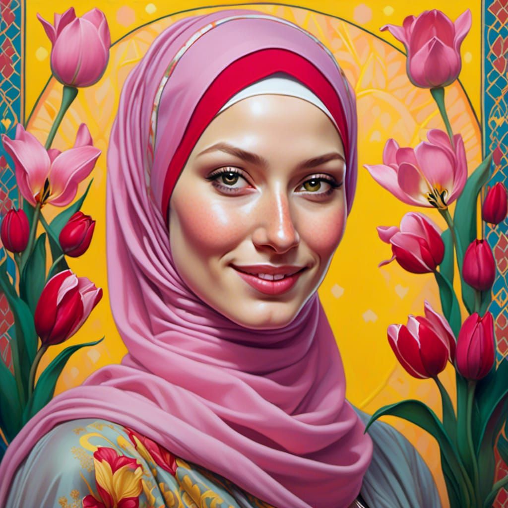Beautiful Hijabi Portrait with Flowers, in Art Nouveau Style