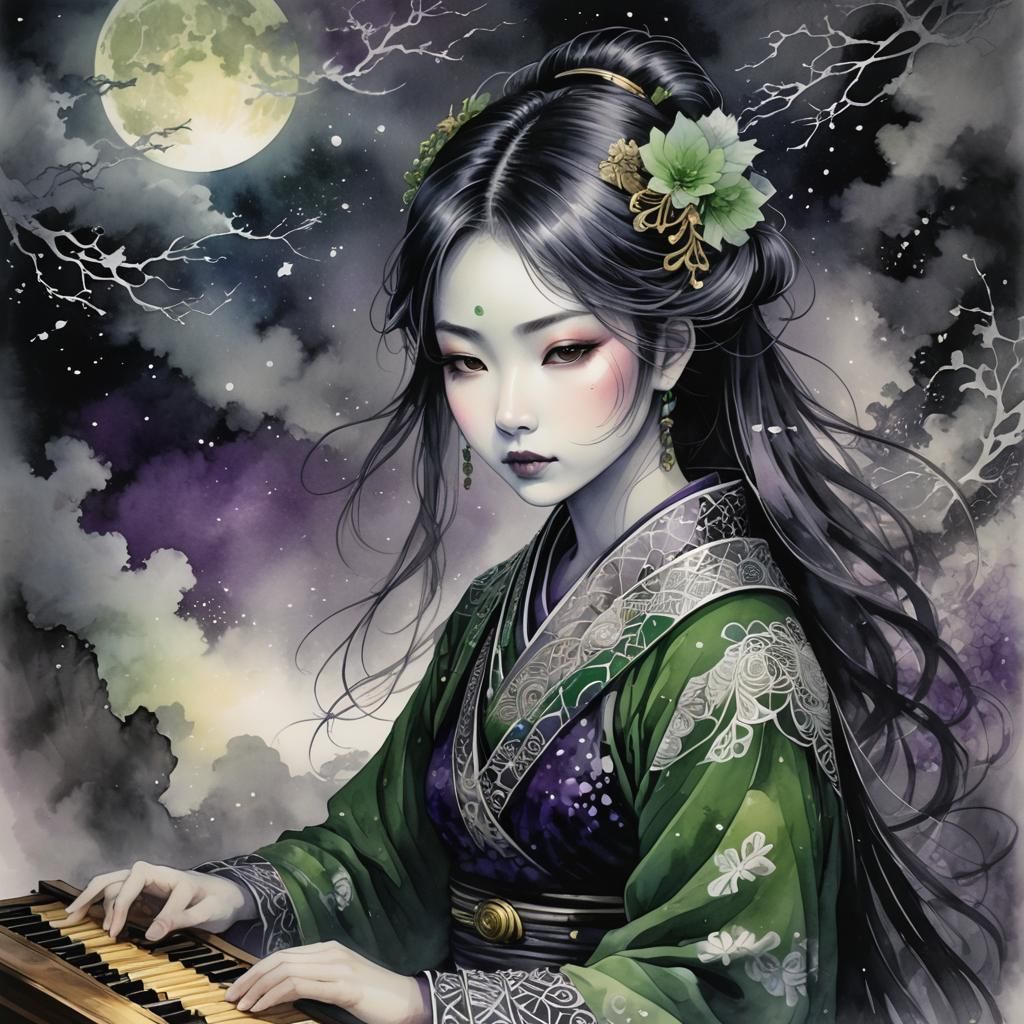 Ethereal Anime Koto Player in Dark Fantasy Style