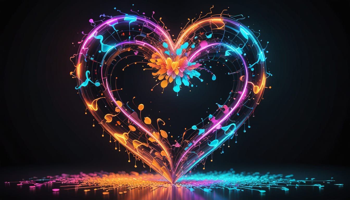 Ethereal Heart with Glowing Neon Fractals and Data Streams