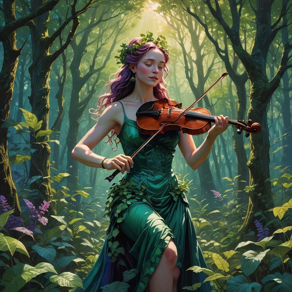 Venus Plays Violin in Emerald Forest Landscape
