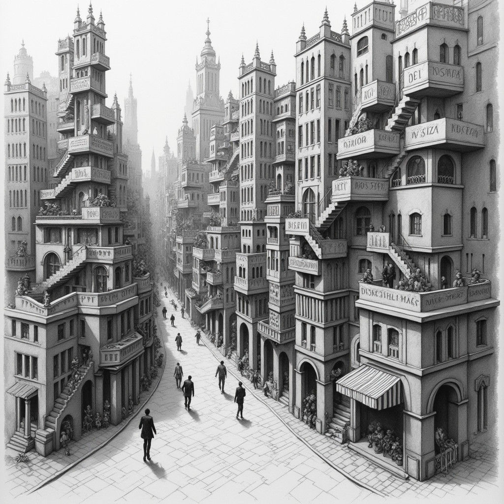 Urban Cityscape Graphite Drawing in Escher-Schiele Style