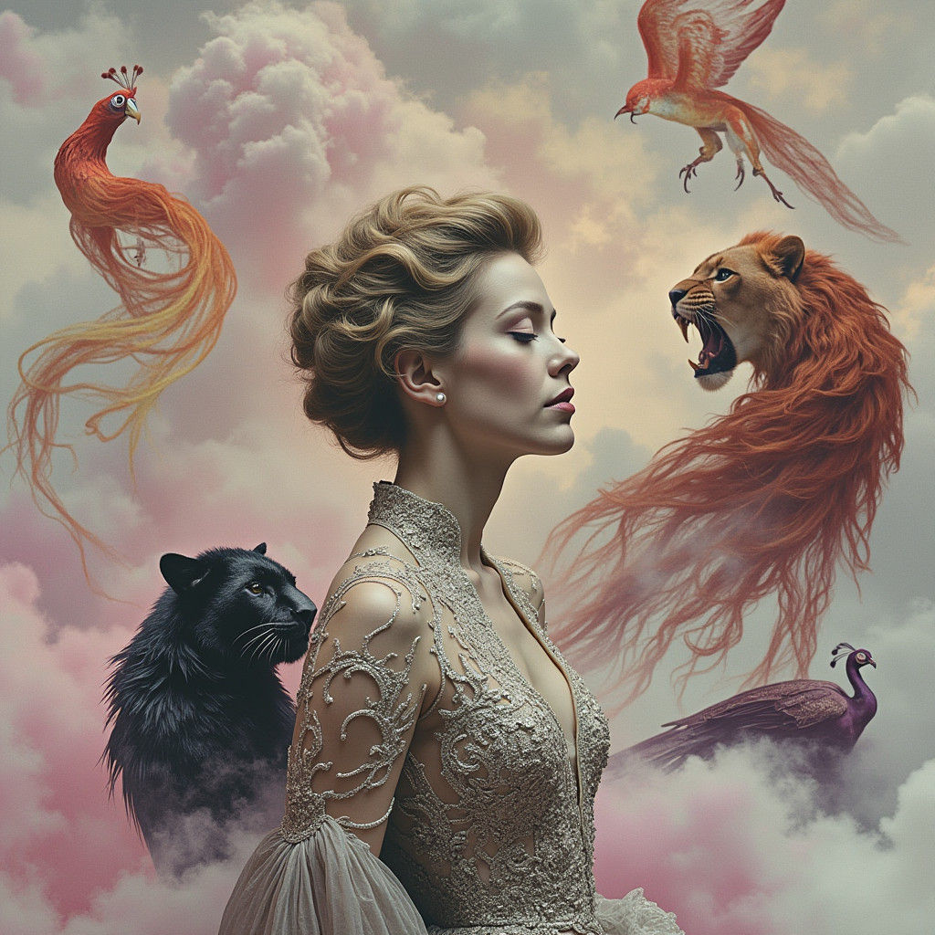 Surreal Victorian Woman with Lion and Panther