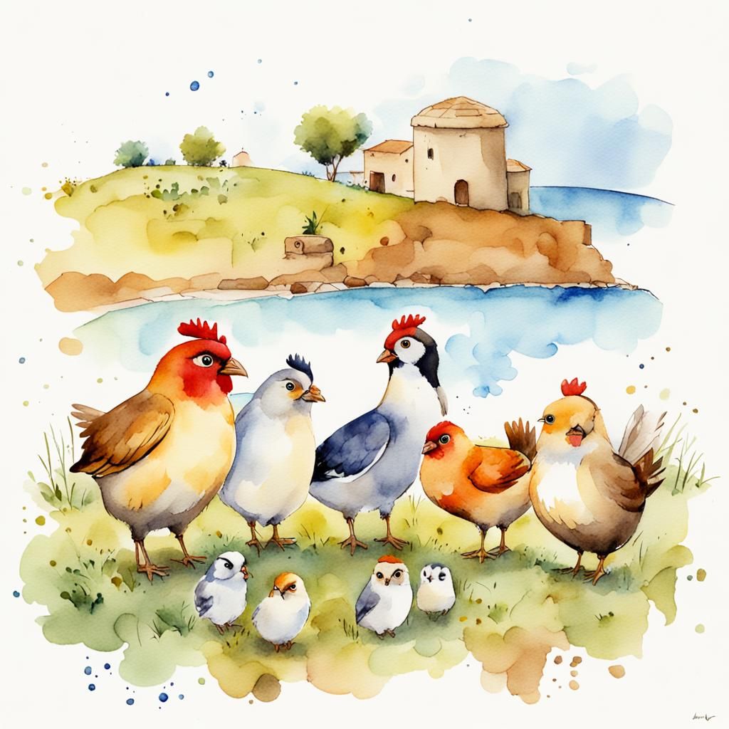 Cute Chicks in Watercolor Comic Style