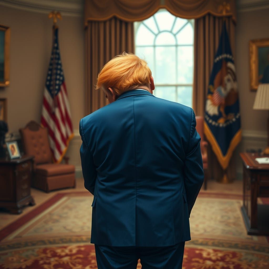 Tired Man in Blue Suit in Oval Office