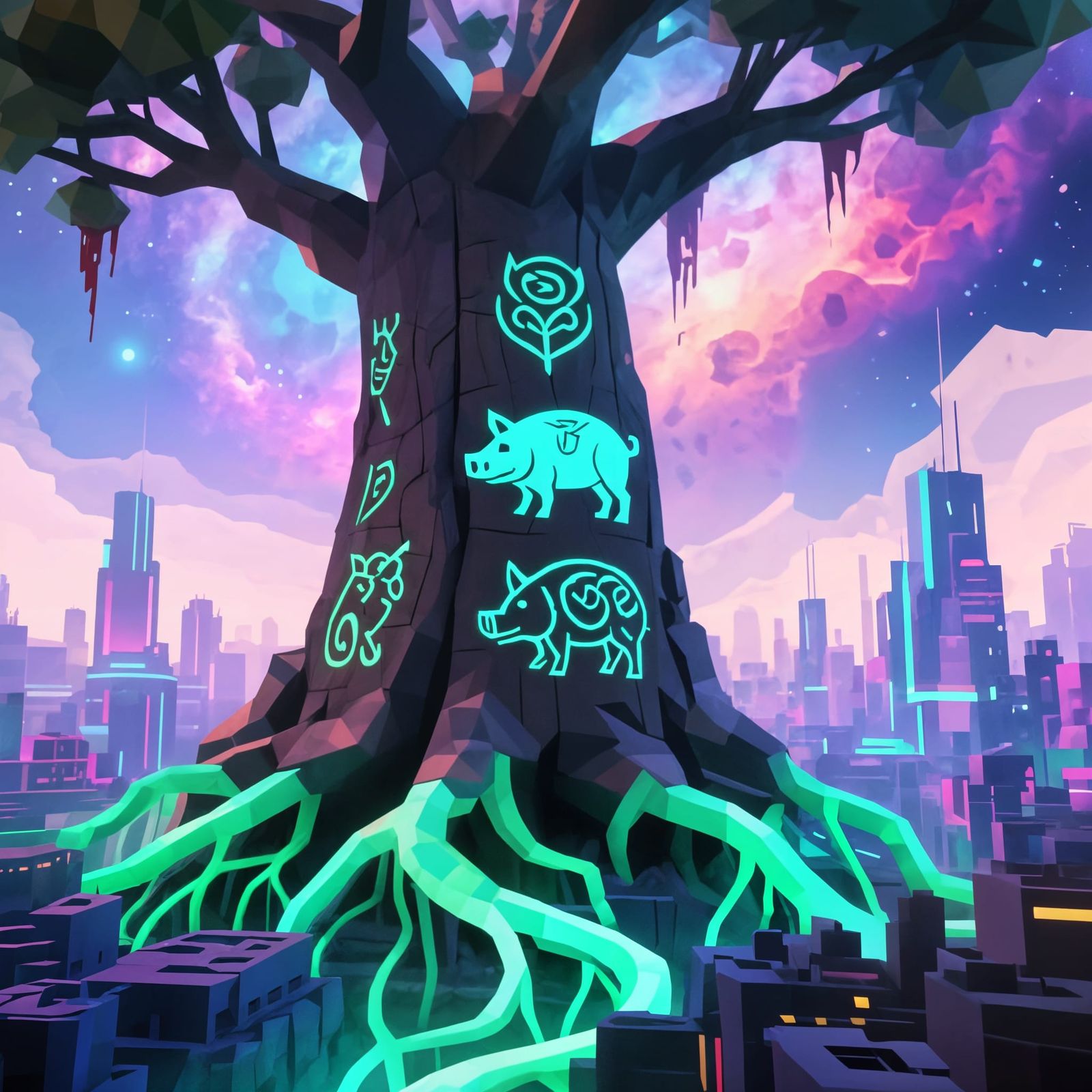 Colossal Tree Over Futuristic City in Psychedelic Low-Poly S...