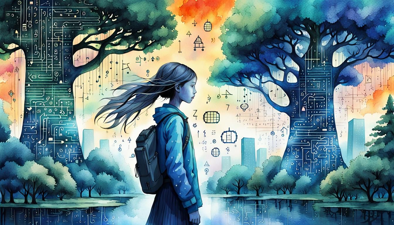 Magical Urban Digital Girl in Watercolor Sky