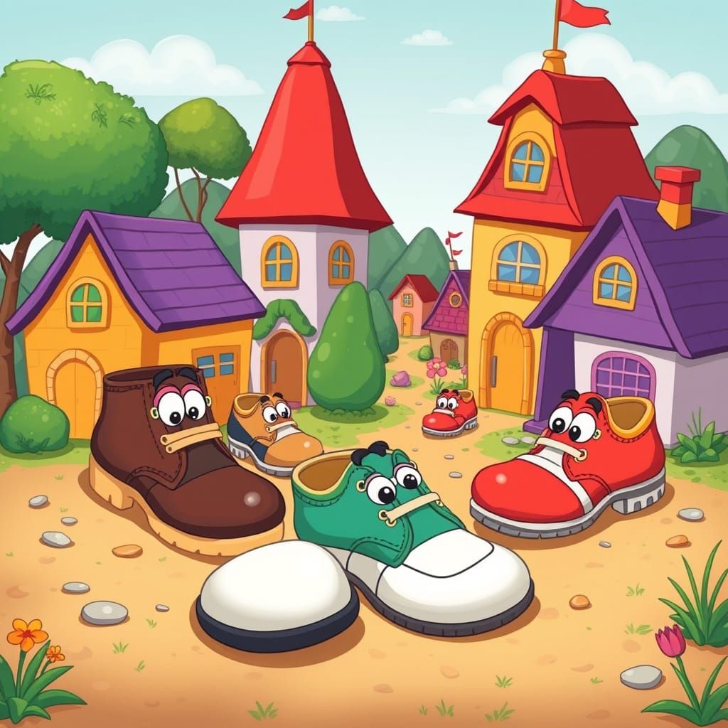 Colorful Shoe People Cartoon Village Scene