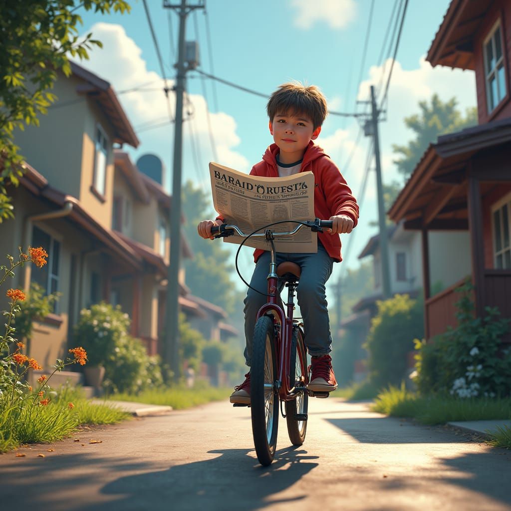 Boy Rides Bike Delivering Newspaper: Matte Painting
