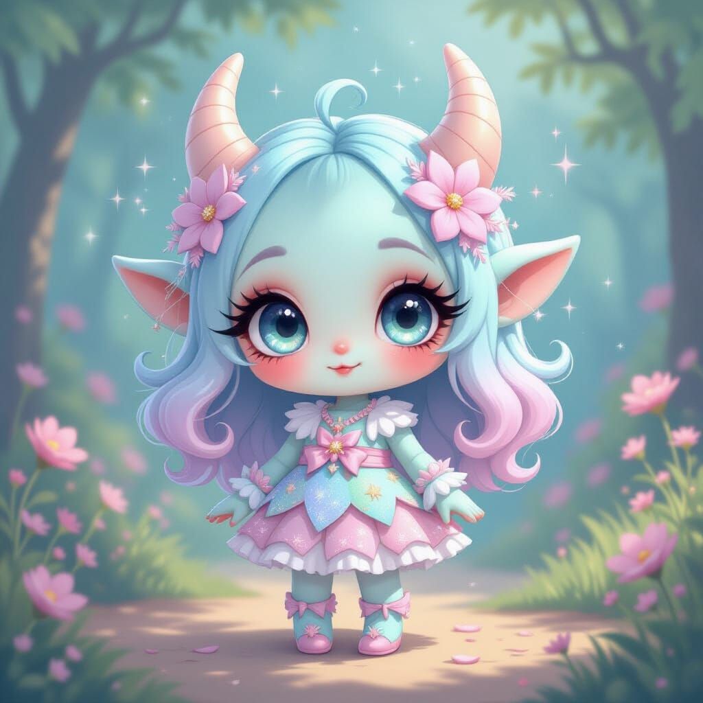 Sparkly Chibi Monster Girl in Pastel Fantasy Style