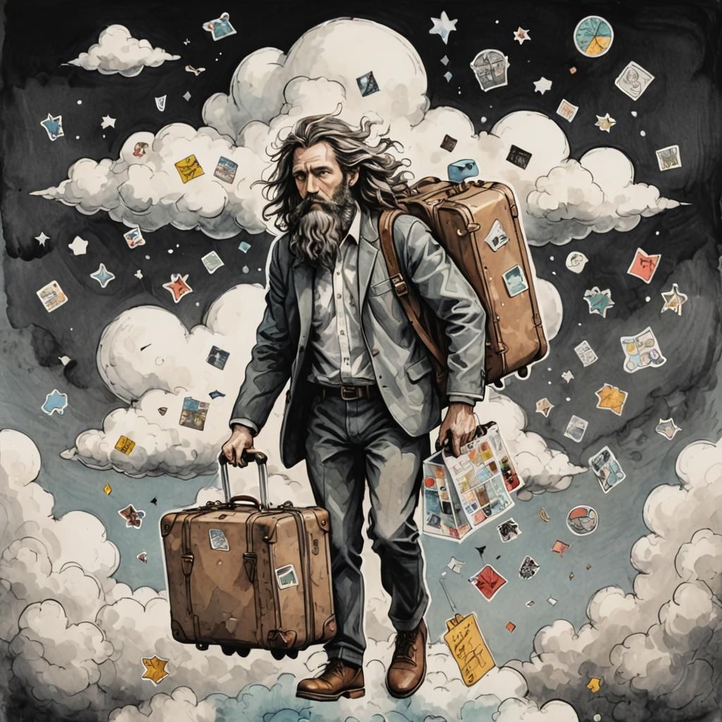 Man Traveling on Cloud with Suitcase, Ink and Charcoal