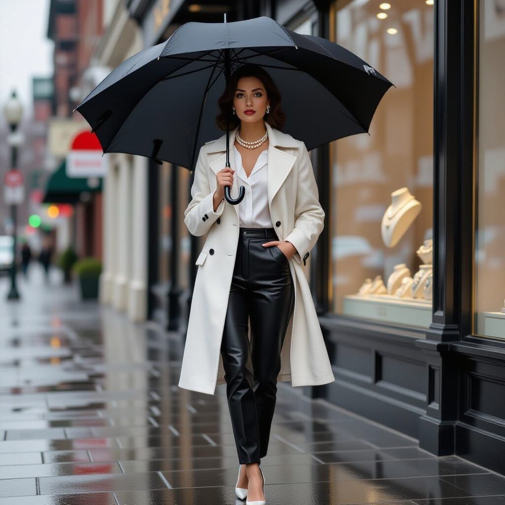 Woman with Umbrella in Front of Jewelry Store