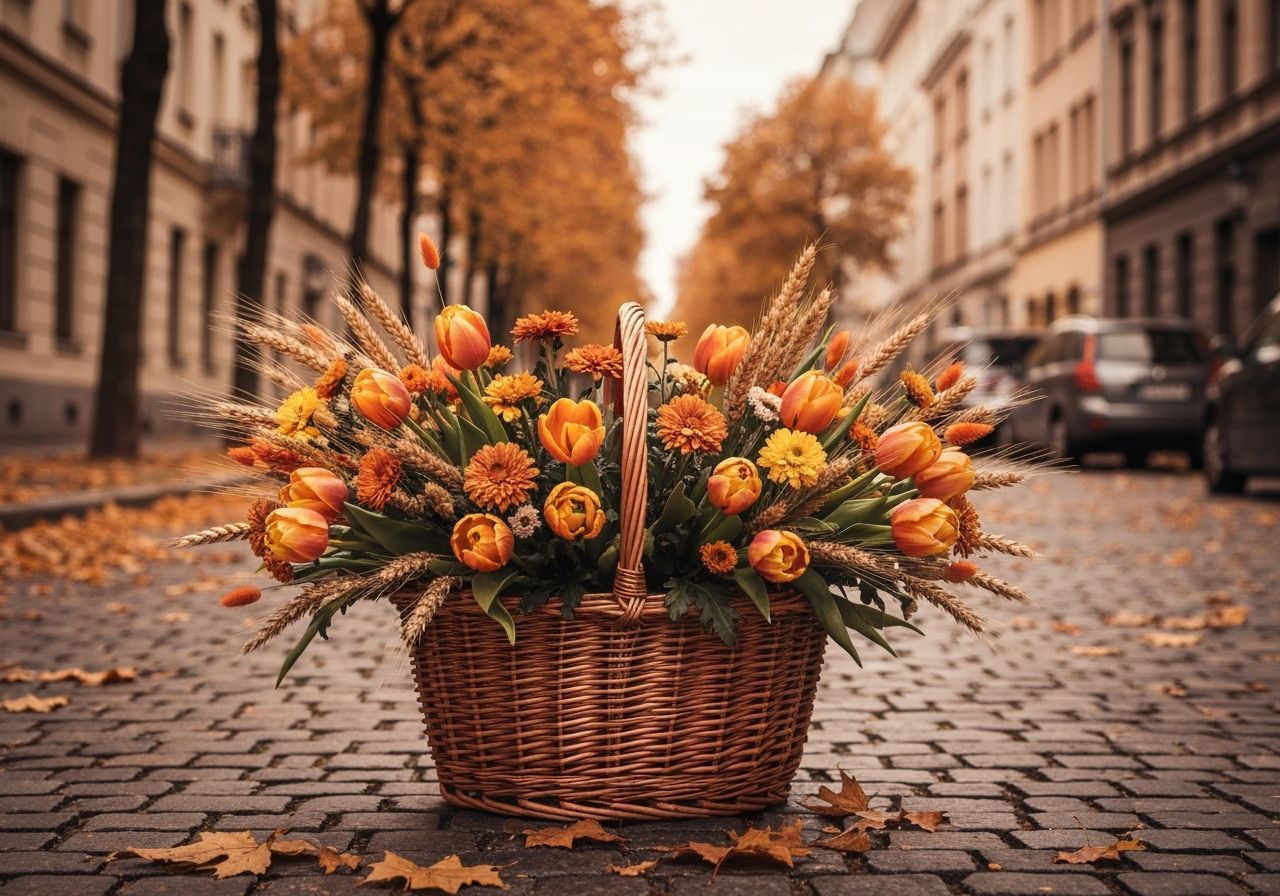 Wicker Basket Overflowing with Autumn Flowers on Cobblestone...