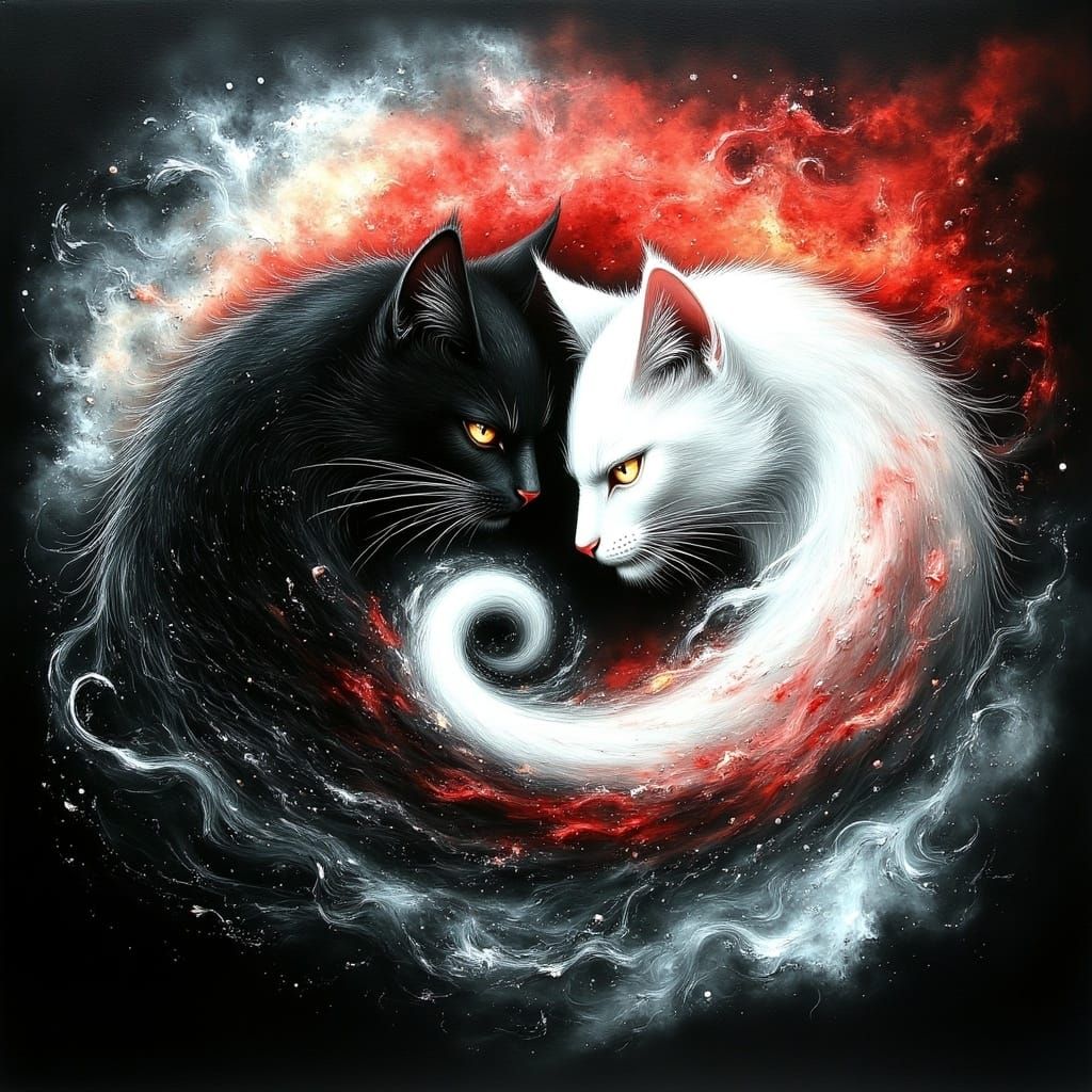 Yin and Yang Cats in Liquid Watercolor Art
