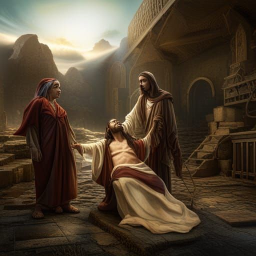 Jesus Christ Healing a Woman: Bible Times Painting