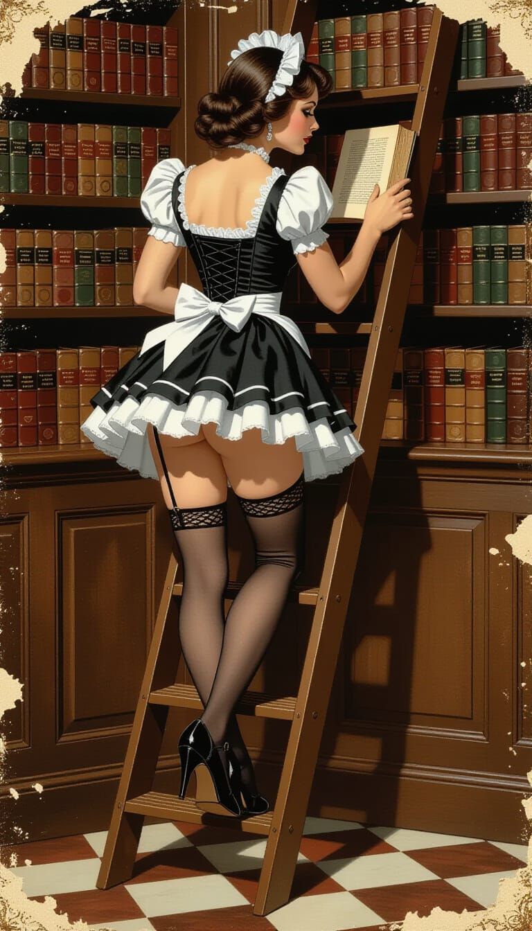 French Maid Reaching for Shelf, Mixed Media Style