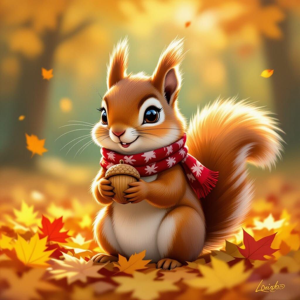 Cute Red Squirrel with Nut, Animated Cartoon Style