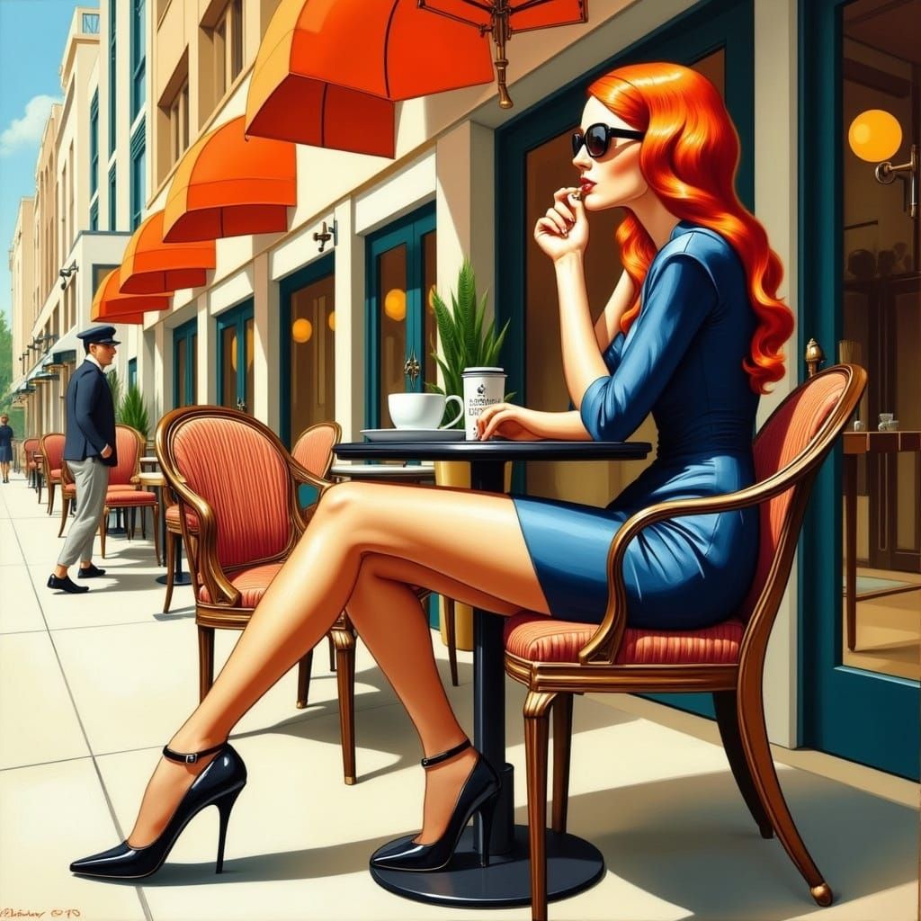 Fashionable Woman at Cafe in Art Deco Style
